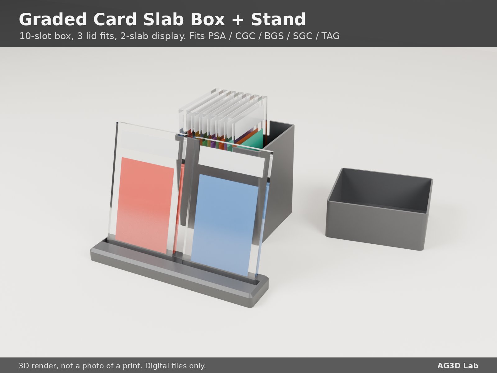Graded card slab box with lid and 2-slab display stand (3D render, blank slabs)