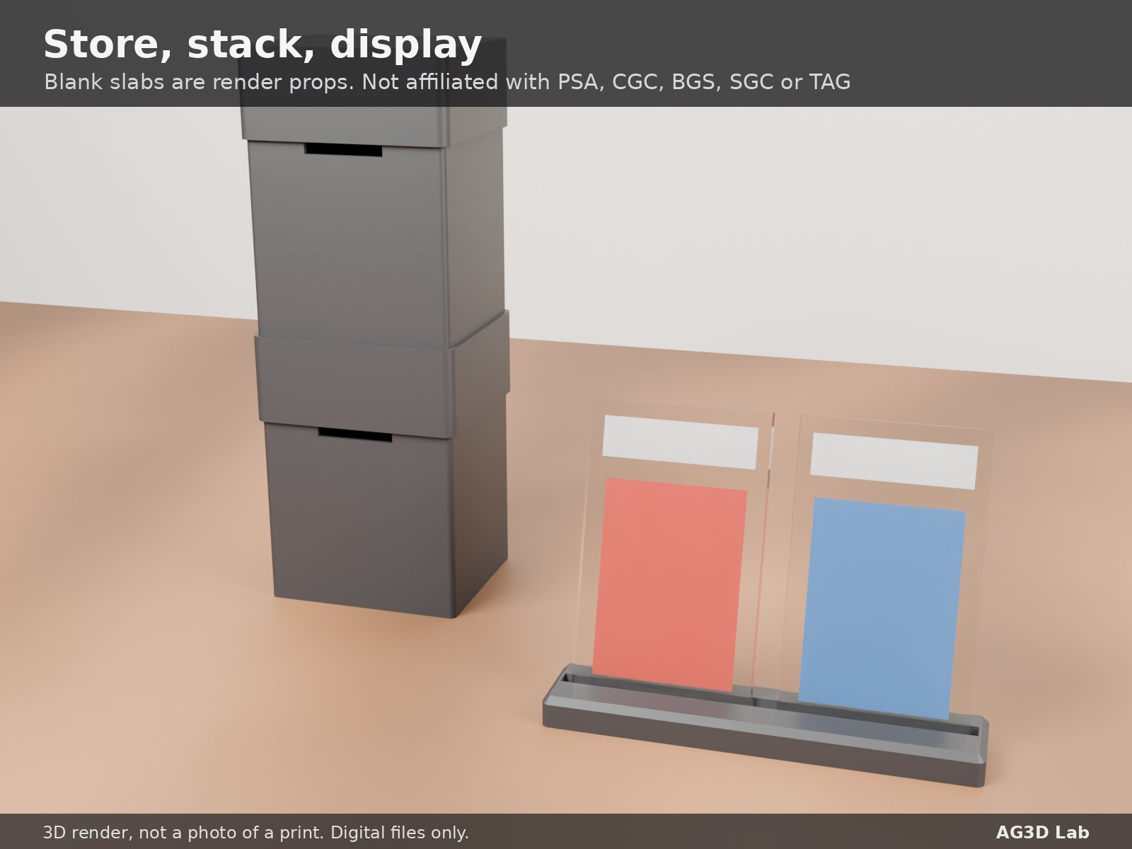 Slab box and display stand on a desk with blank render slabs (not included)