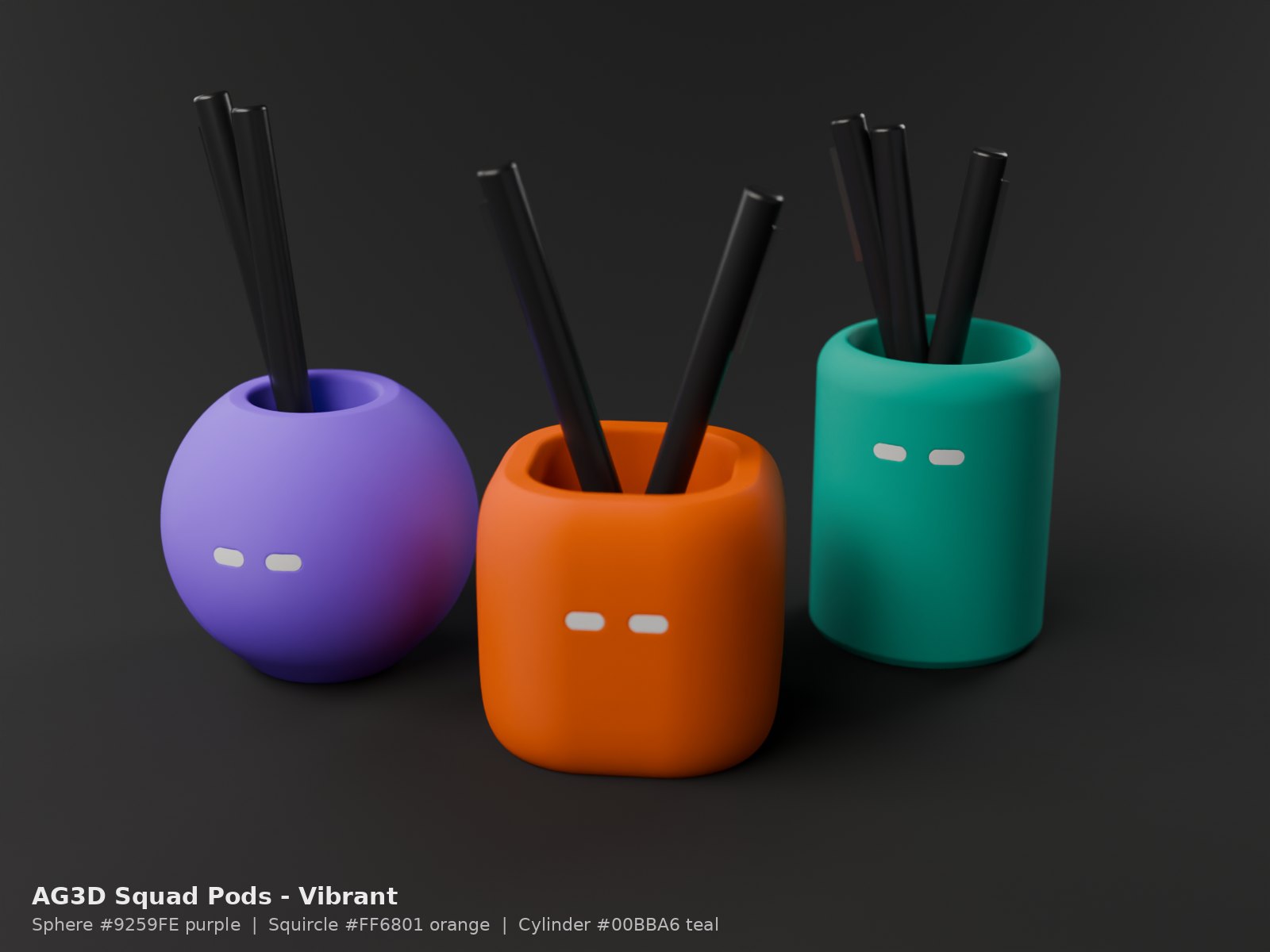 Squad Pods Vibrant colorway: sphere pen cup pod in purple, squircle pod in orange and cylinder pod in teal, each with white capsule eyes