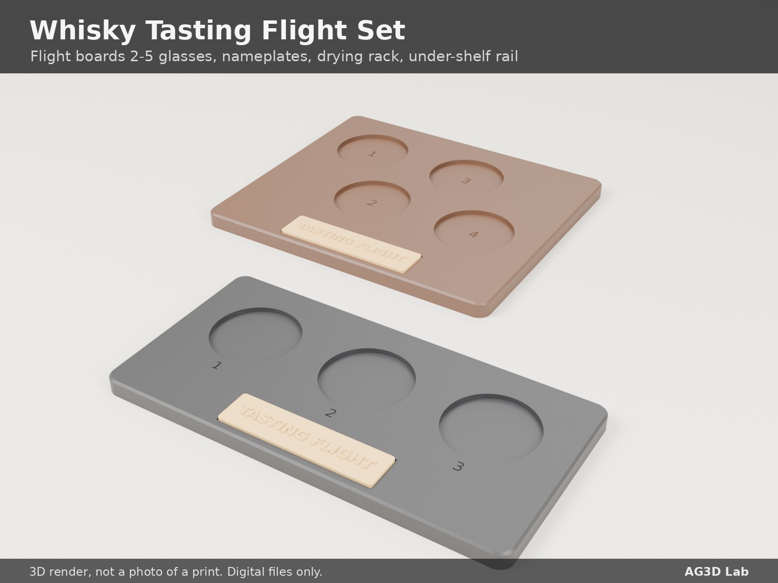 Whisky tasting flight set: 2, 3, 4 and 5 glass boards, nameplates, drying rack and under-shelf rail (3D render)