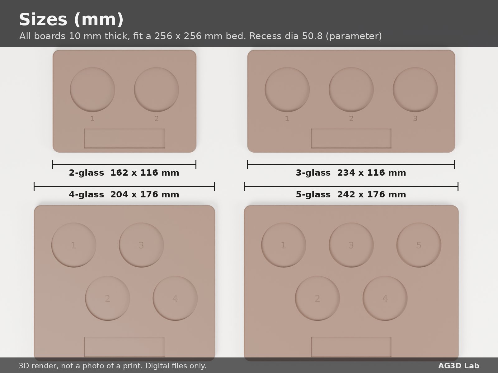 Flight board sizes in mm: 2-glass 162 x 116, 3-glass 234 x 116, 4-glass 204 x 176, 5-glass 242 x 176
